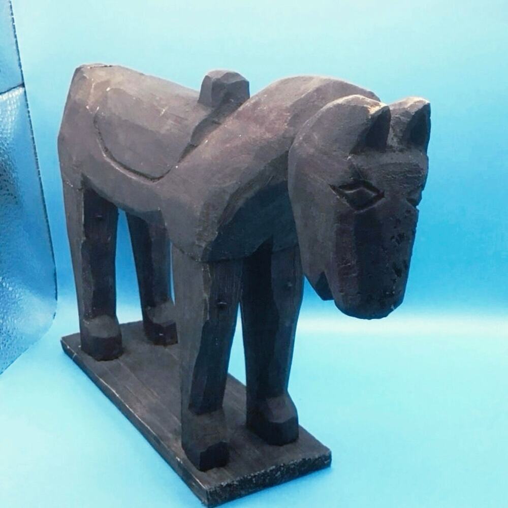 Primitive Carved Horse • 12” Long • Dark Finish • Faint Red Accents • Folk Art